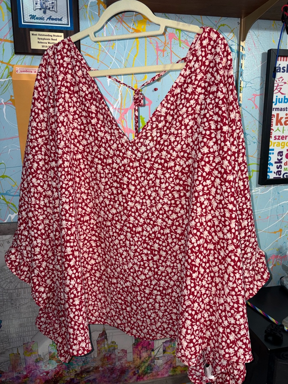 Women's Red Flowy Floral V-Neck Blouse